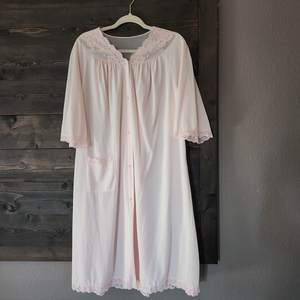 Vintage ShadowLine Nightgown Robe Large Baby Pink Satin Nylon 3/4 Sleeves Lace
